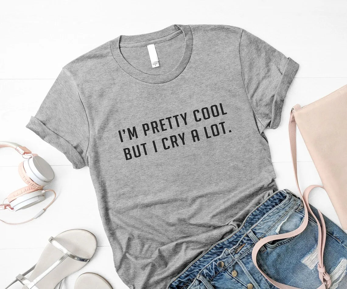 New Arrival I'M Pretty Cool but I Cry Alot T-Shirt Grunge Shirt Pastel Goth K Pop Tumblr T Shirts Drop Shipping