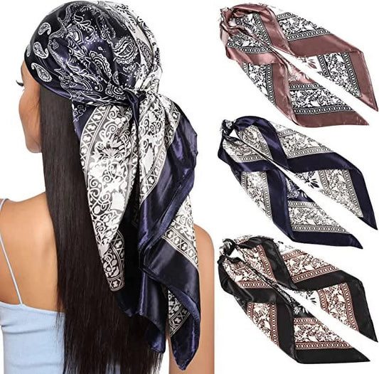 35” Large Square Satin Head Scarf - 3Pcs Satin Hair Scarves Silk Bandana Scarf Headscarf Silk Feeling Scarf for Women